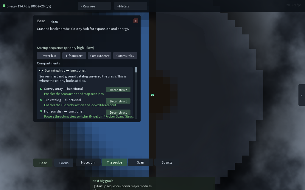 Base overview open over the colony map at night